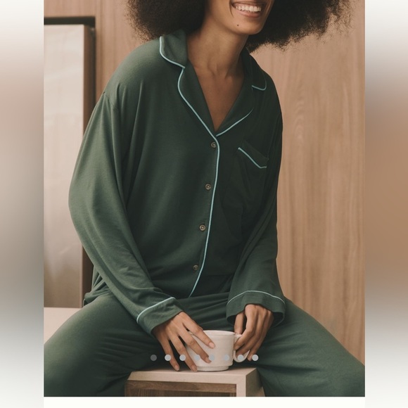NWT new medium Anthropologie briar piped pajama top button down Holly green teal - Picture 1 of 17